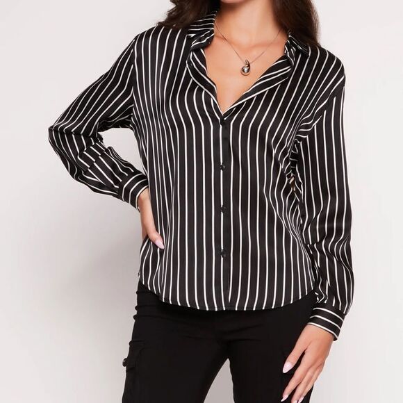 Sincerely Jules Blouse Womens size Medium striped satin Button Up Shirt Classic - Picture 1 of 13